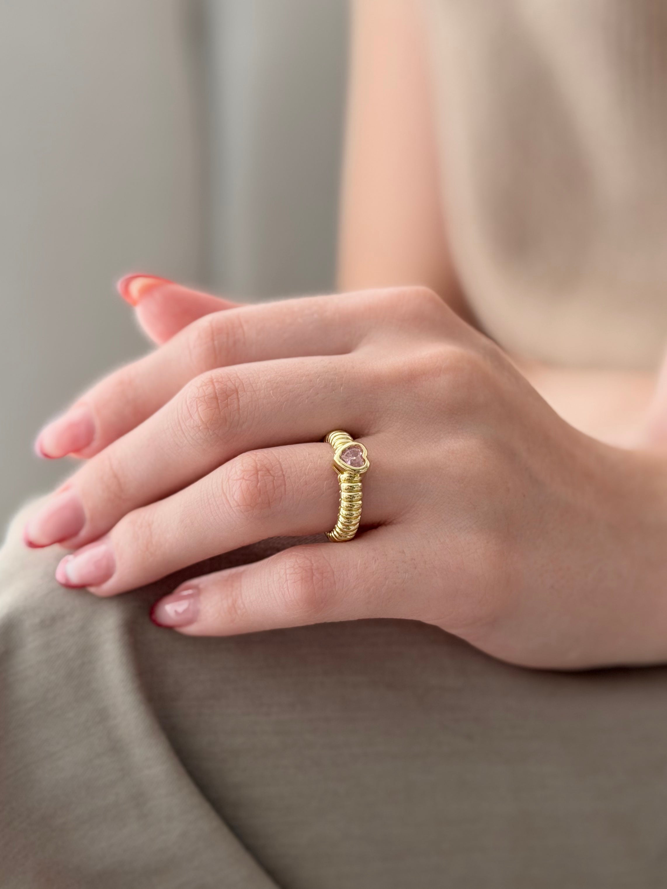 Anillo Corazon Zircon Rosa Rodio