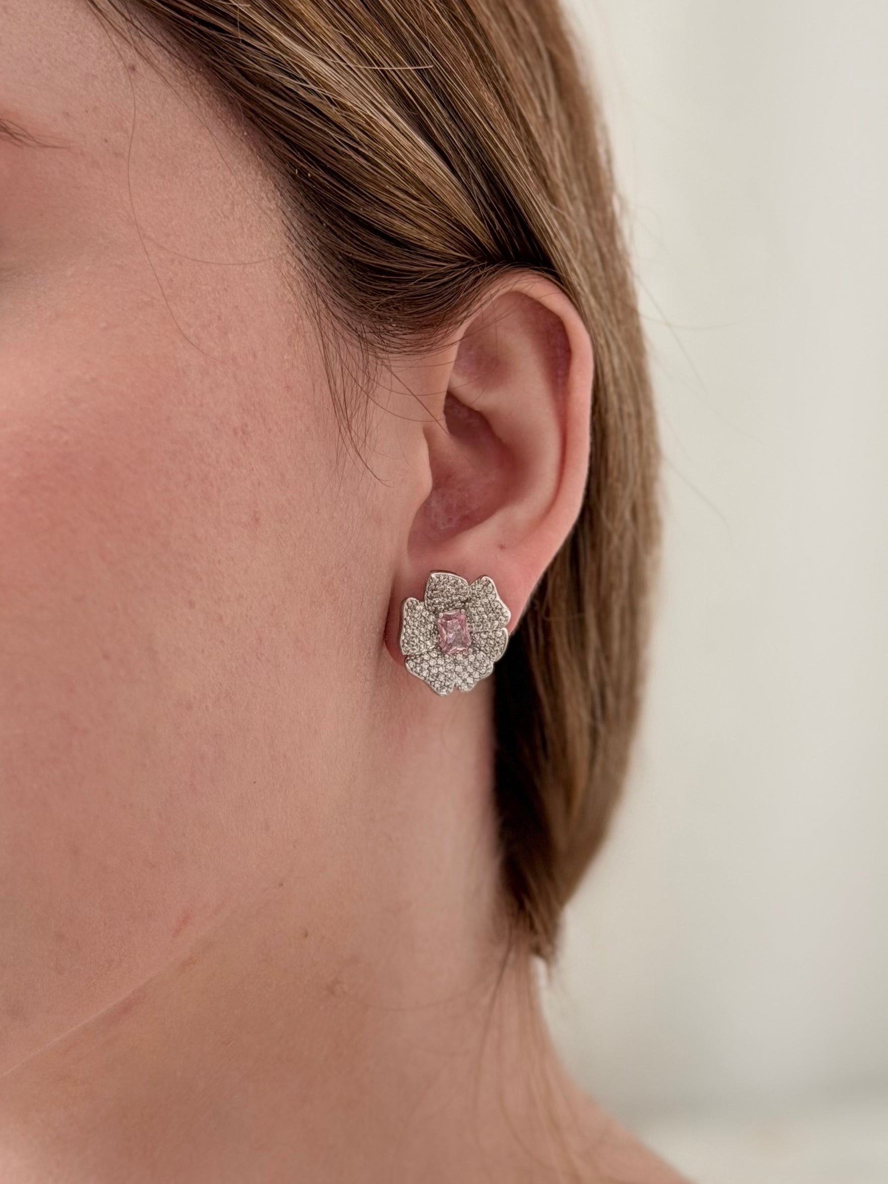 Arete Flor Plateado Microzircon Zircon Rosa