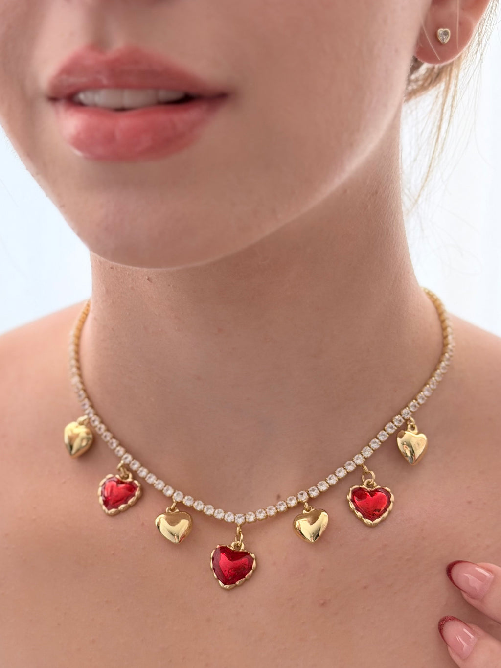 Collar Tipo Tennis Corazones Rojos Rodio