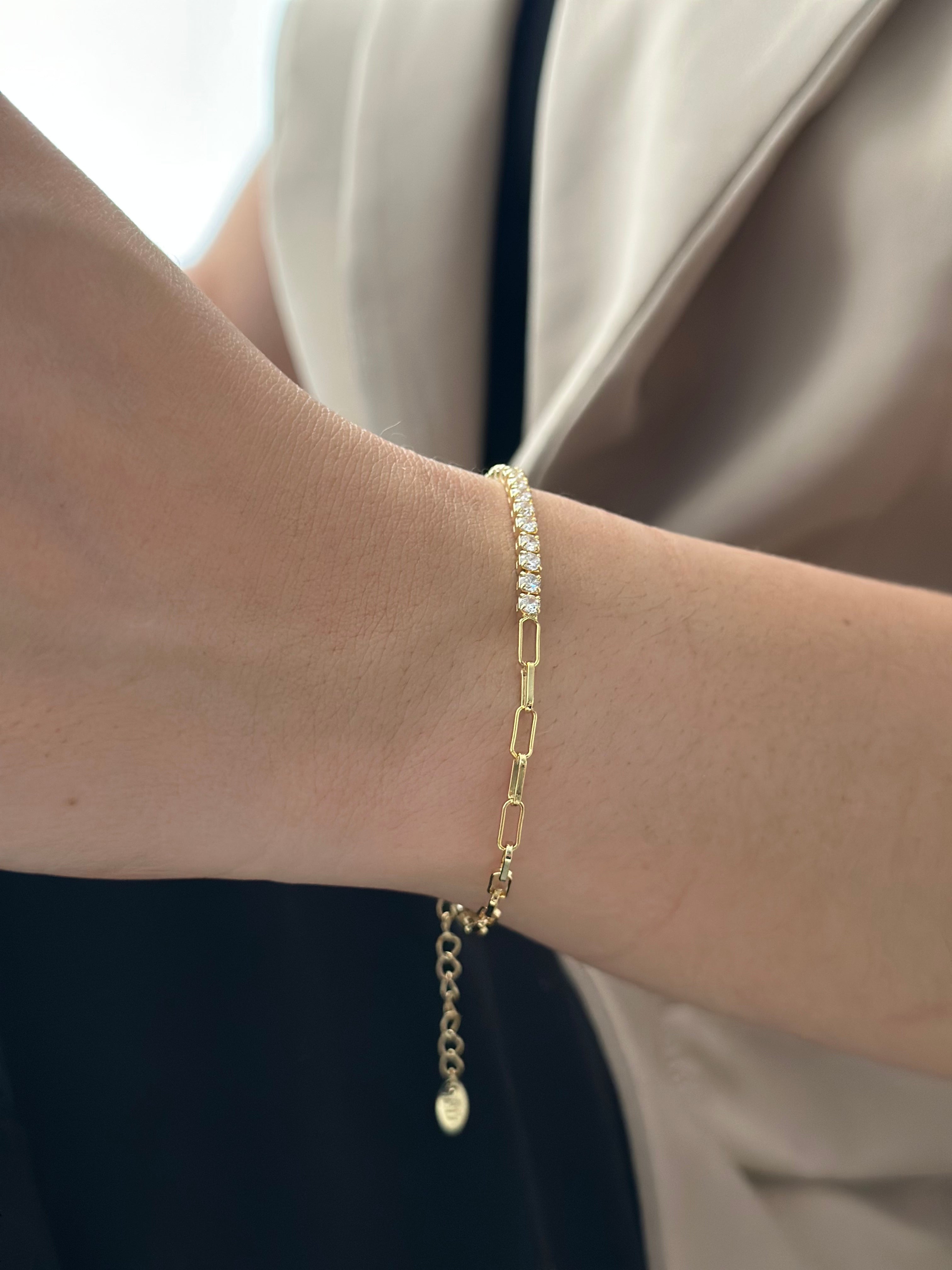 Pulsera Doble Tejido Tennis Y Eslabon Peq Dorado