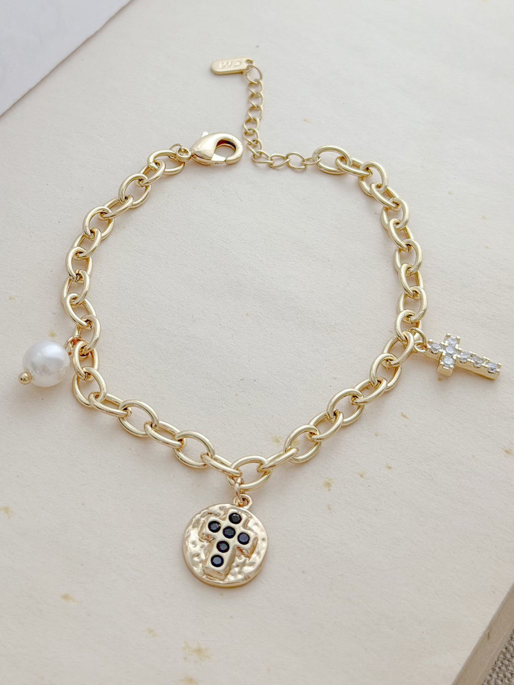 Pulsera Cruces Perla Rodio